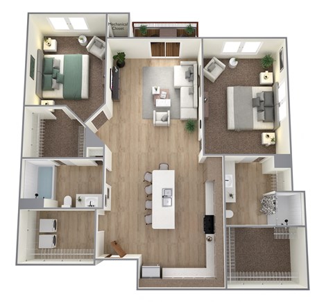 Floor plan for 2 beds, 2 baths, 1169 sqft